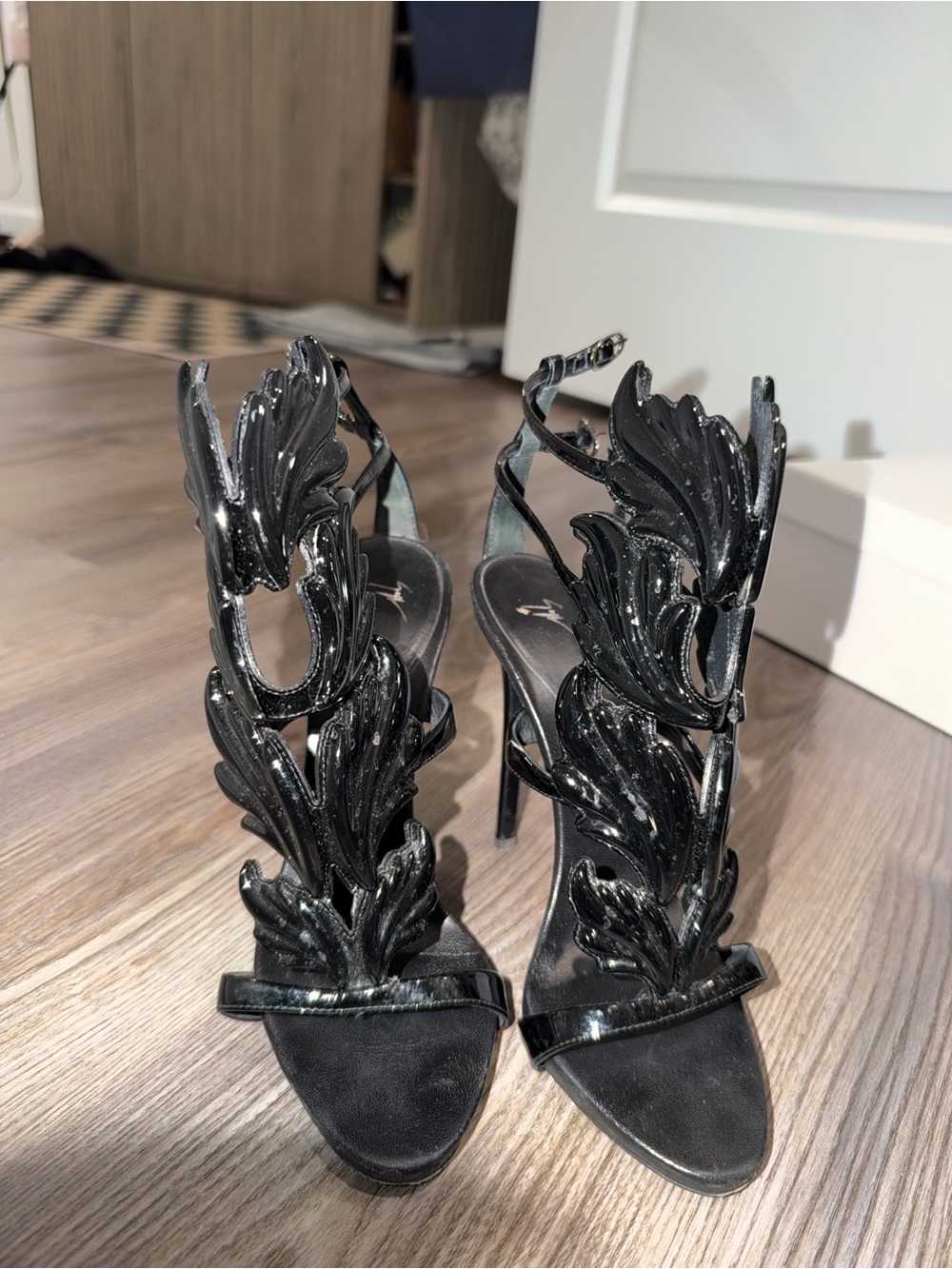 Giuseppe Zanotti Cruel Summer Black Metal Wing Strappy Stiletto Sandals